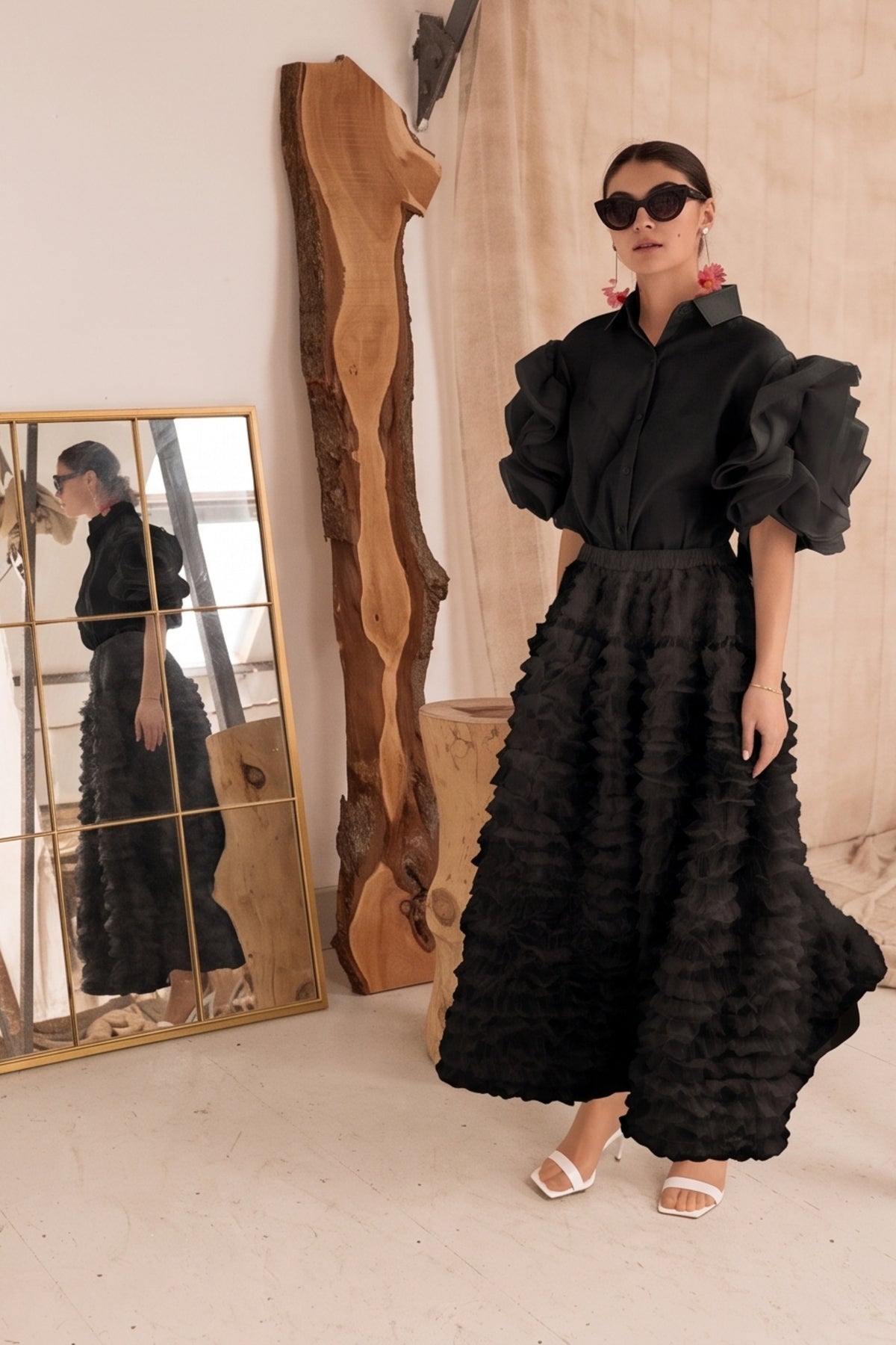 Statement Layered Ruffle Tulle Maxi Skirt In Black