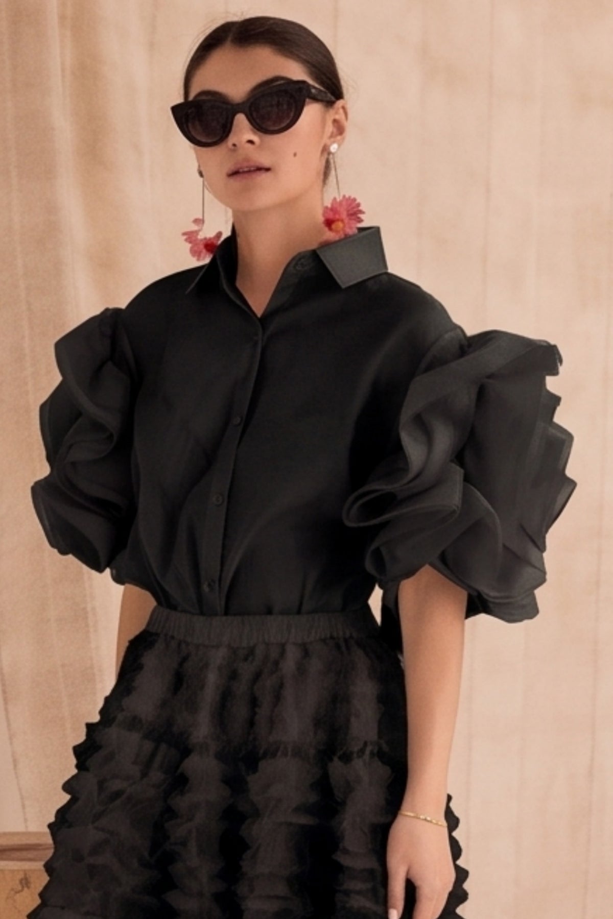 Double Layered Ruffles statements sleeves shirt in Black