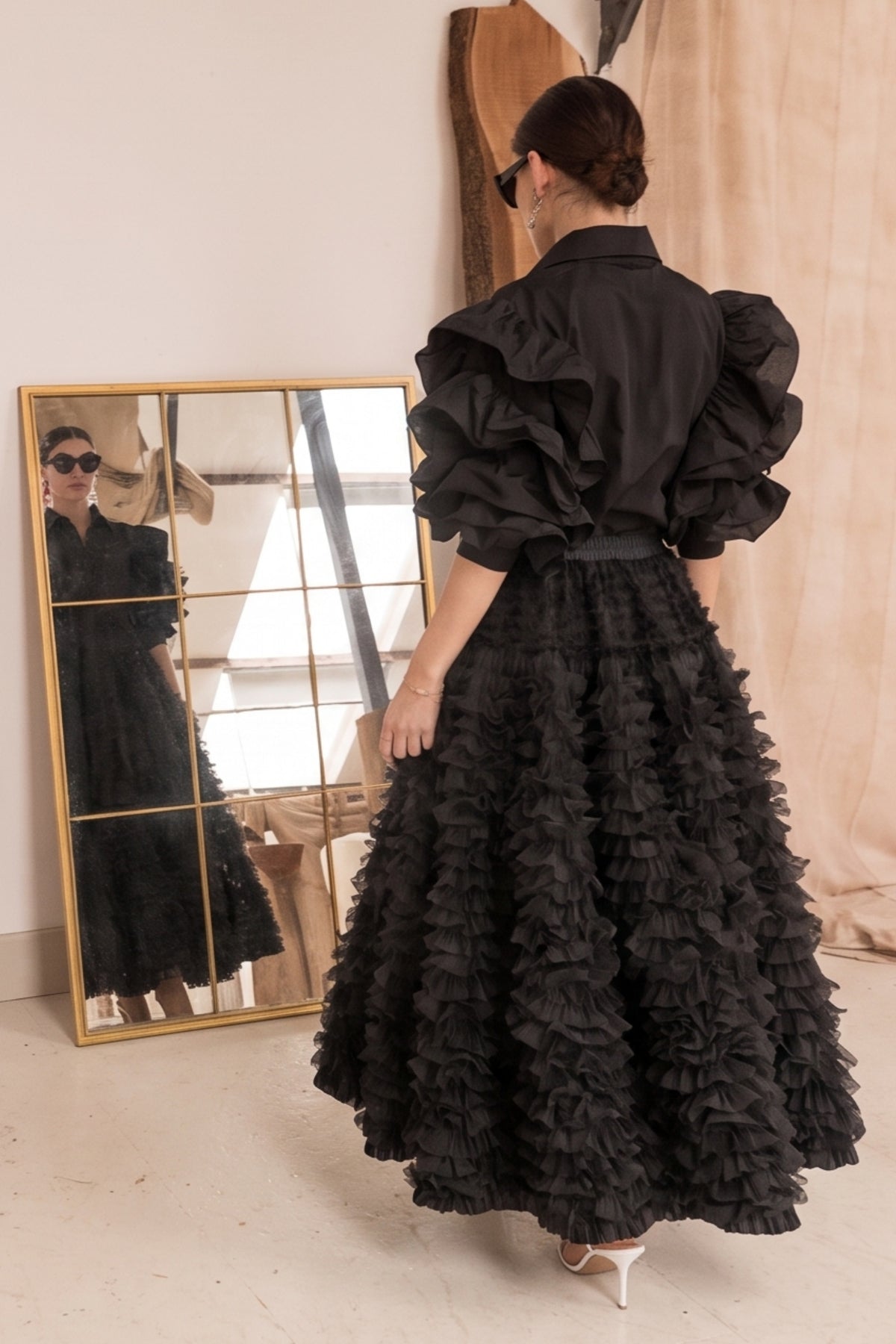 Statement Layered Ruffle Tulle Maxi Skirt In Black