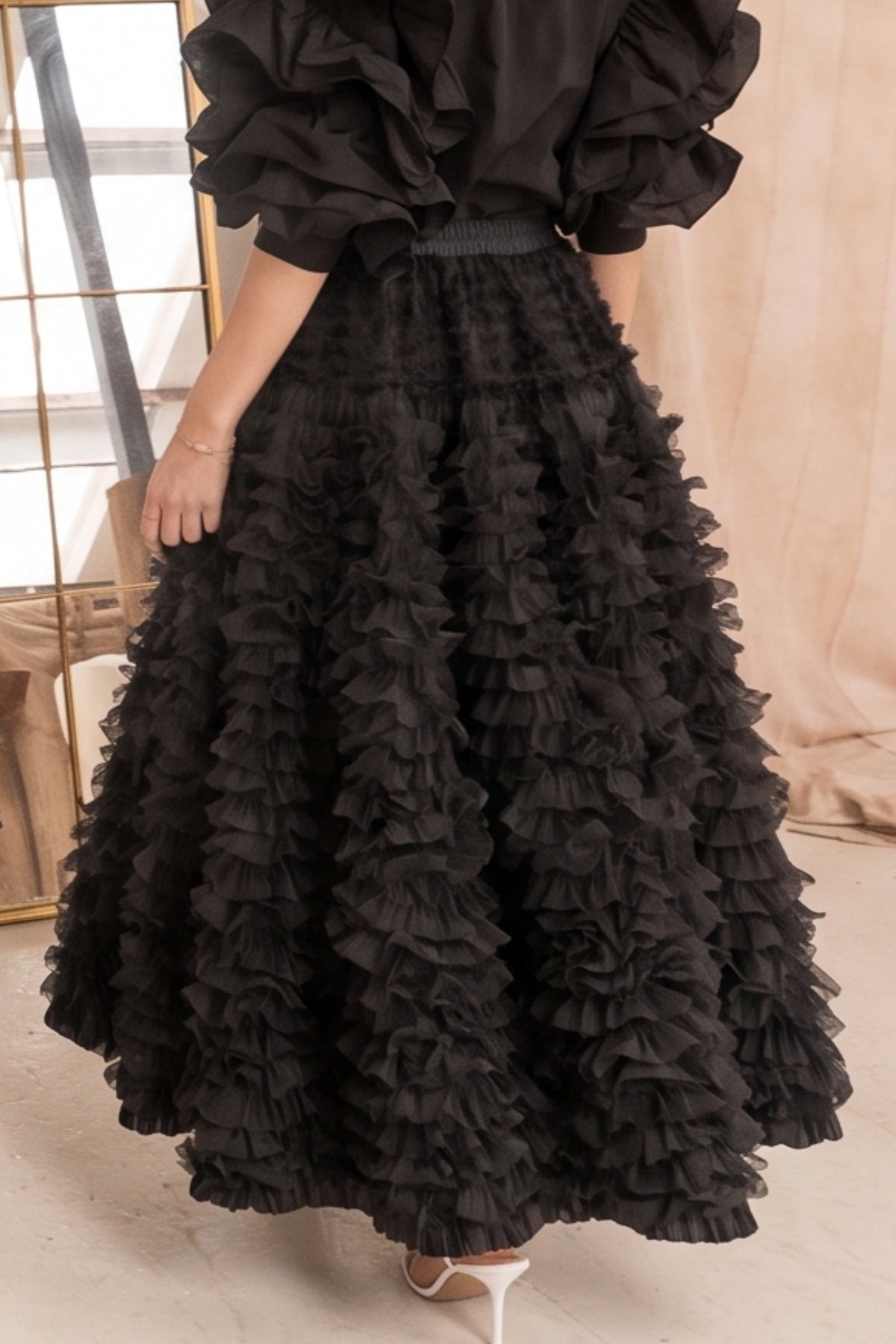 Statement Layered Ruffle Tulle Maxi Skirt In Black