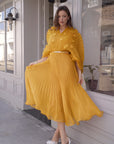 Floral Appliqué Pleated Organza Cape Midi Dress