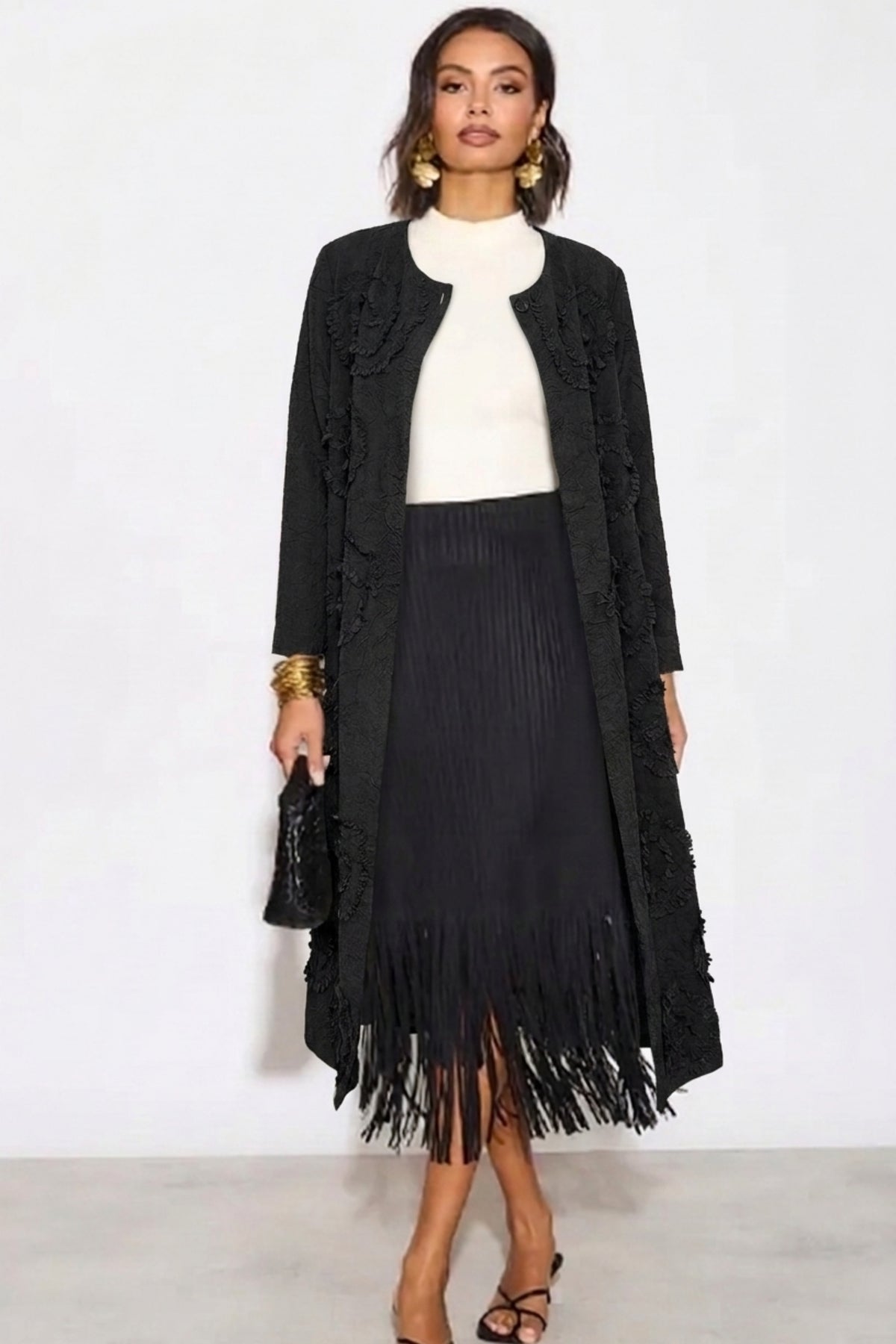 Statement Textured Floral Longline Cardigan in Black