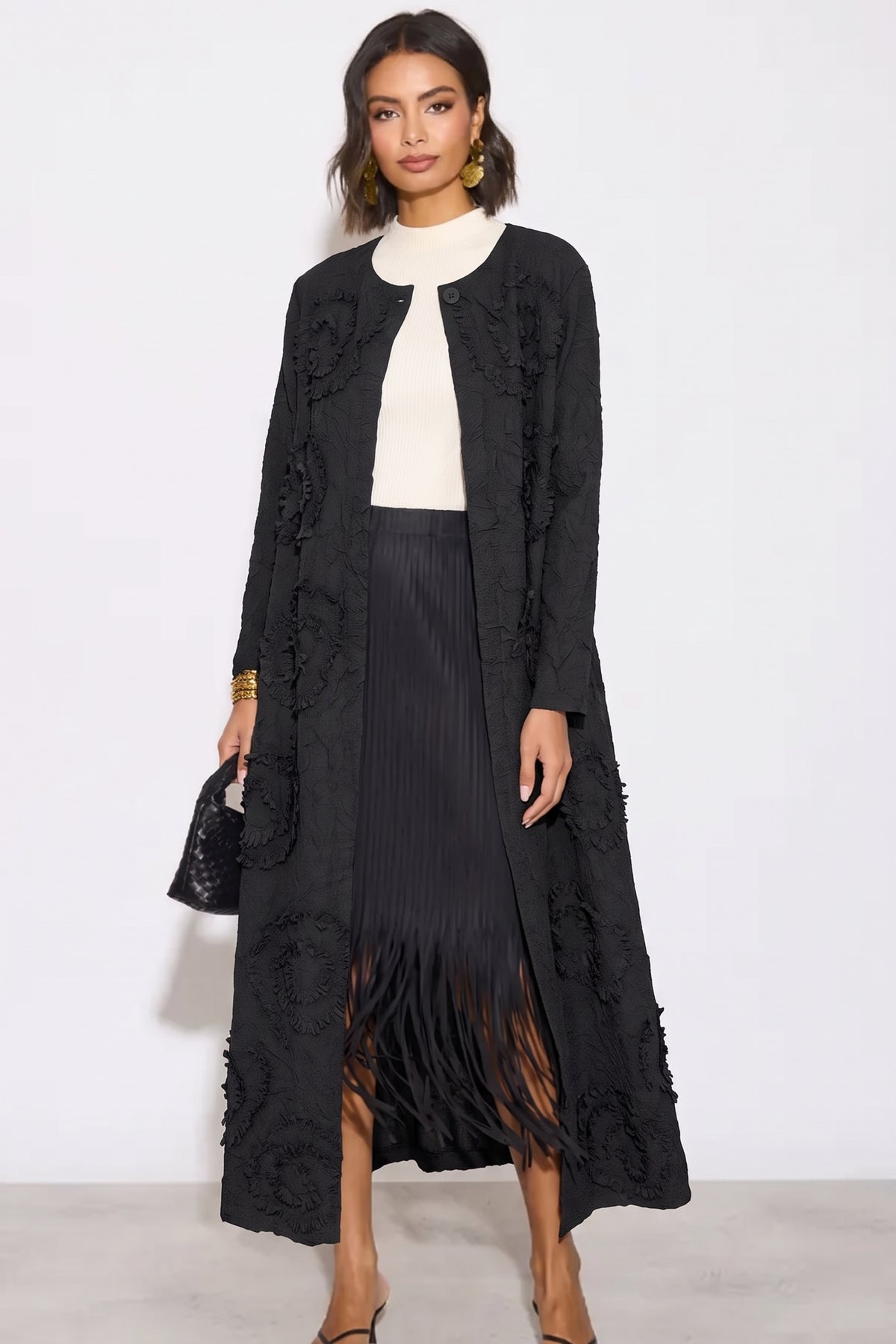 Statement Textured Floral Longline Cardigan in Black