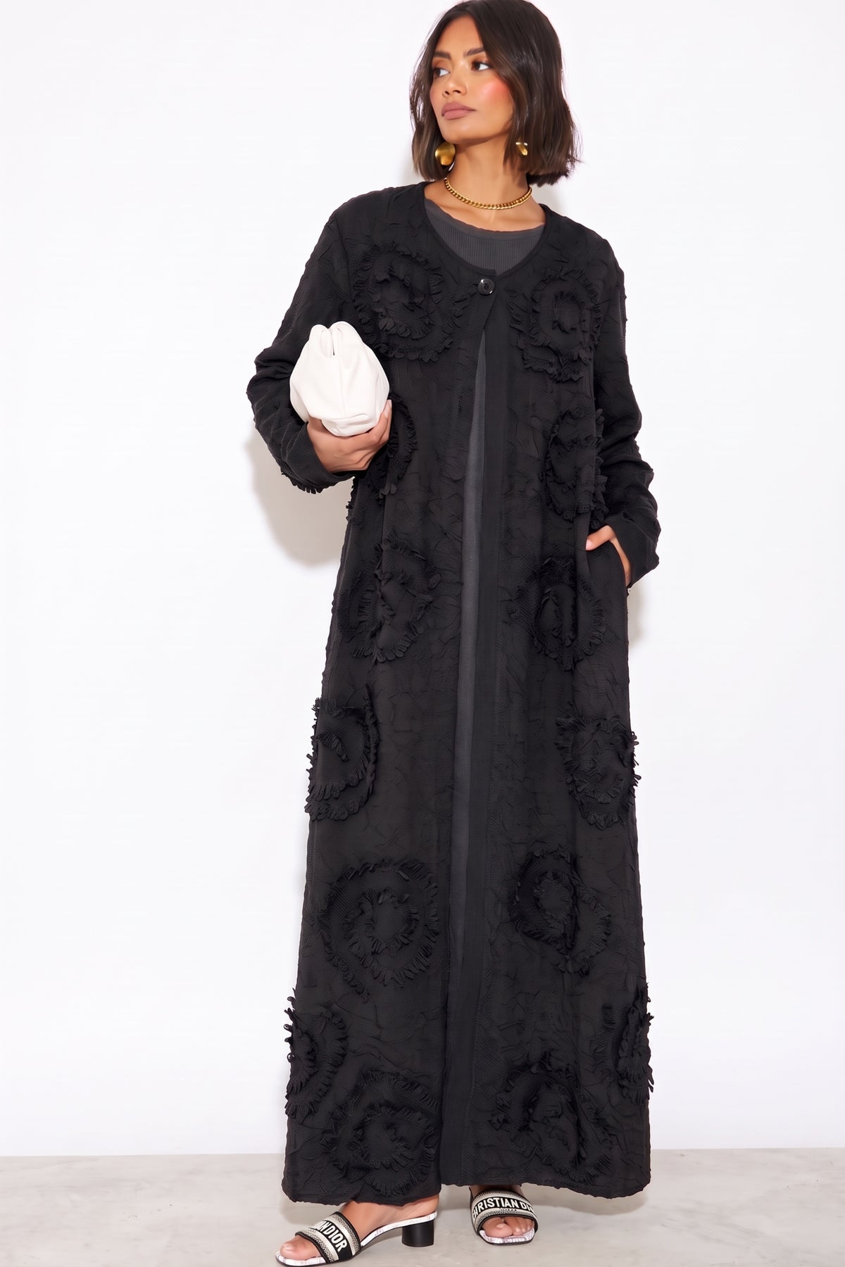 Statement Textured Floral Longline Cardigan in Black