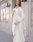 Pleated Midi Dress with Oversized Ruffle Trim Kimono Cardigan Set
