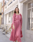 Pleated Midi Dress with Oversized Ruffle Trim Kimono Cardigan Set