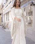 Pleated Midi Dress with Oversized Ruffle Trim Kimono Cardigan Set