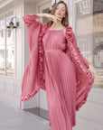 Pleated Midi Dress with Oversized Ruffle Trim Kimono Cardigan Set