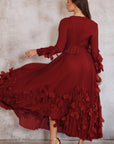 Floral Appliqué Pleated Maxi Dress with Side Tie Waist