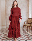 Floral Appliqué Pleated Maxi Dress with Side Tie Waist