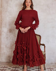 Floral Appliqué Pleated Maxi Dress with Side Tie Waist