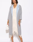 Contrast Lapel Belted Knitted Longline Cardigan in Grey
