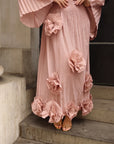 3D Floral Appliqué Pleated Maxi Dress with Statement Flare Sleeves