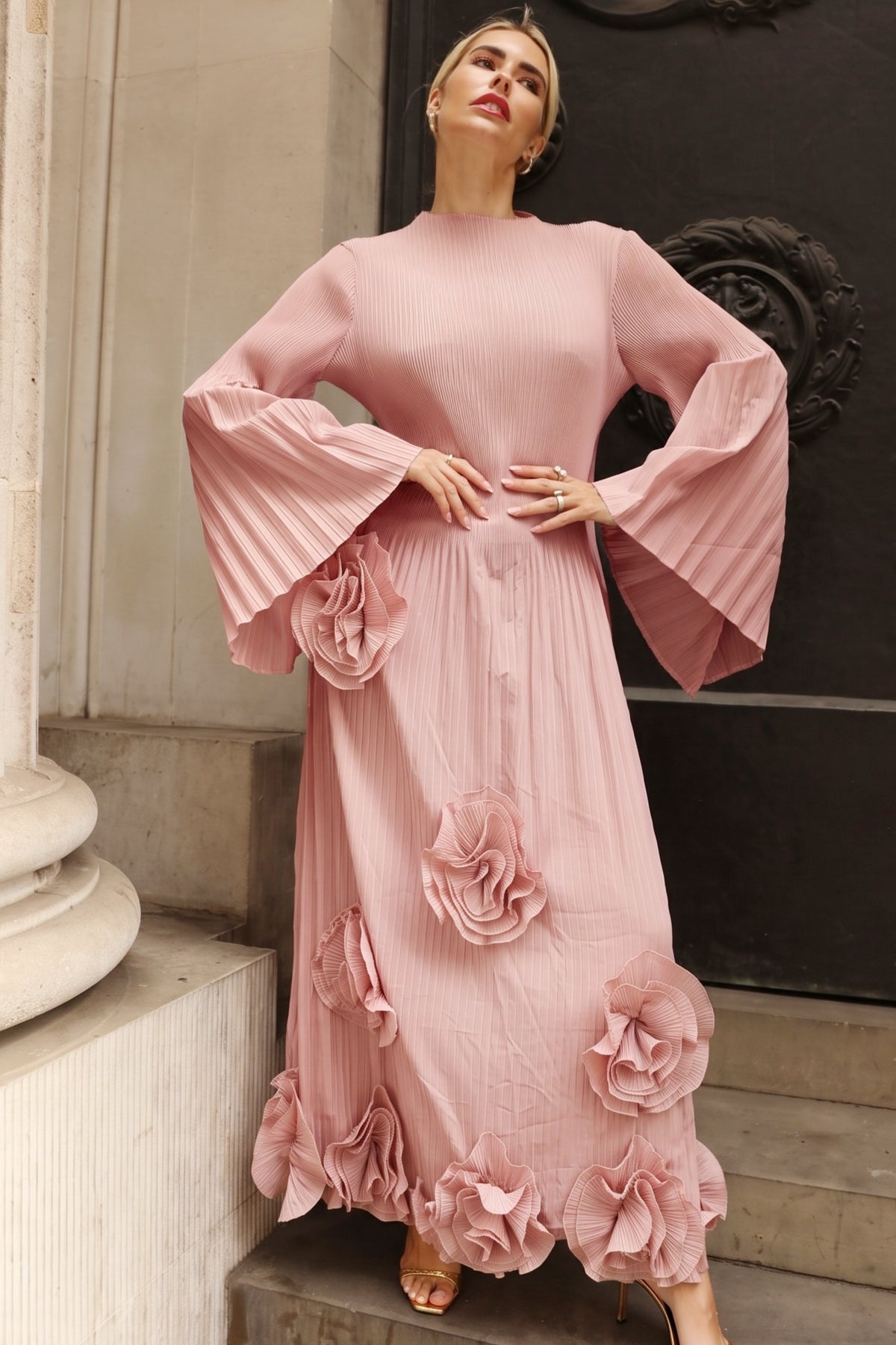 3D Floral Appliqué Pleated Maxi Dress with Statement Flare Sleeves