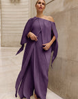 Elegant Pleated Cape Sleeve Maxi Dress with Tie Waist in Purple