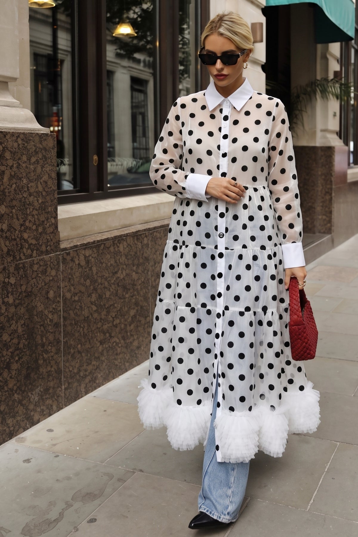 Polka Dot Sheer Tiered Button Down Maxi Shirt Dress