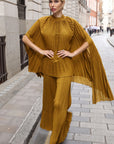 Pleated Cape Top, Vest & Wide Leg Trouser Set In Mustard