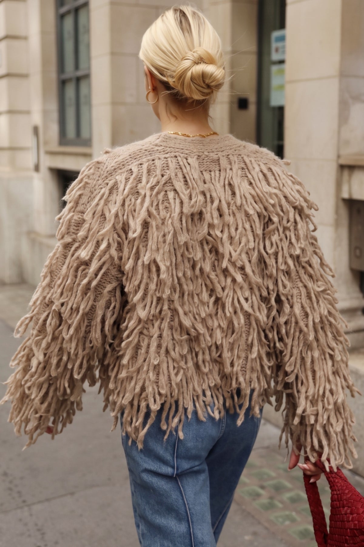 Statement Shaggy Fringe Hand-Knit Cardigan in Light Brown