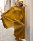 Pleated Cape Top, Vest & Wide Leg Trouser Set In Mustard
