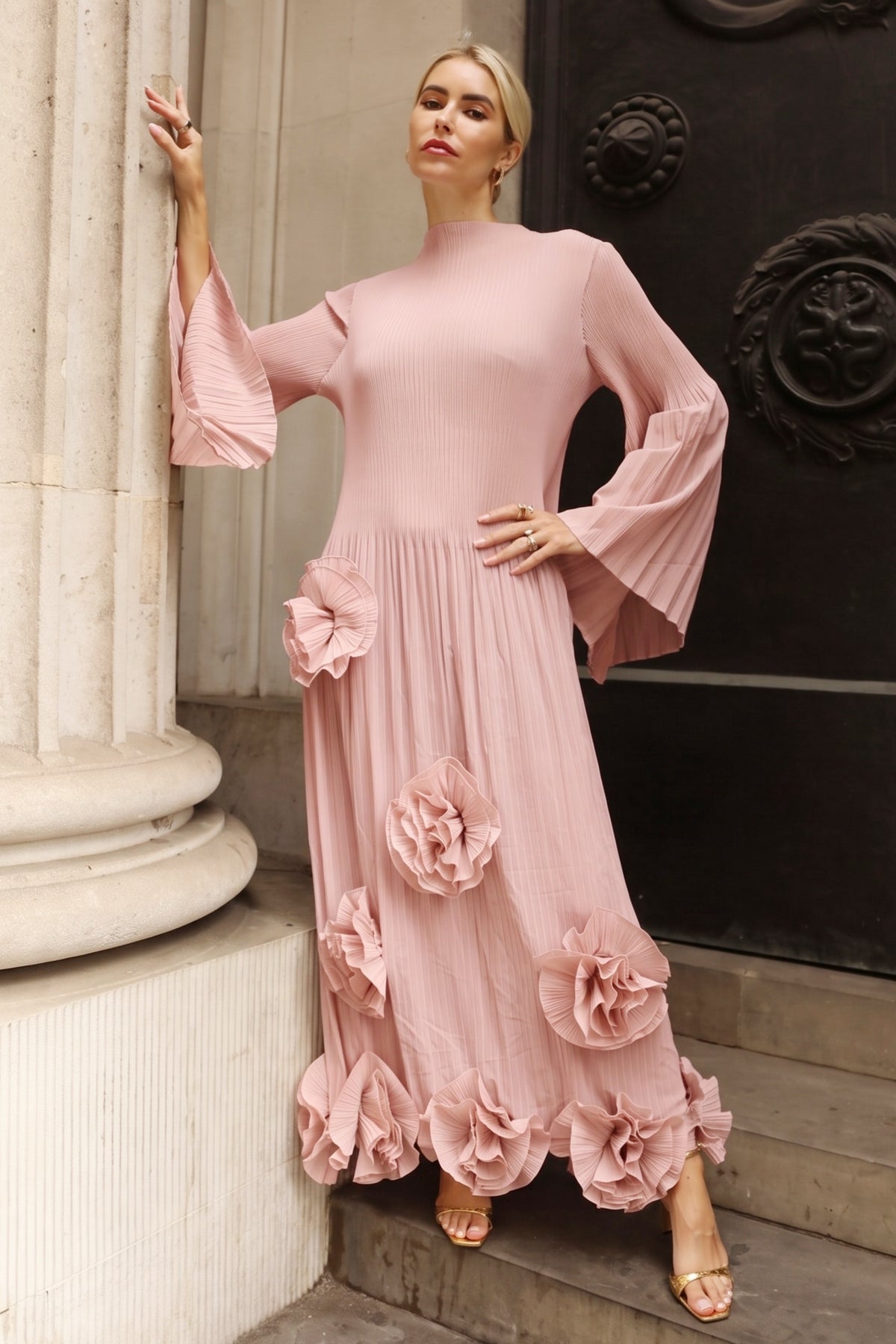 3D Floral Appliqué Pleated Maxi Dress with Statement Flare Sleeves