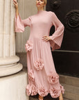 3D Floral Appliqué Pleated Maxi Dress with Statement Flare Sleeves