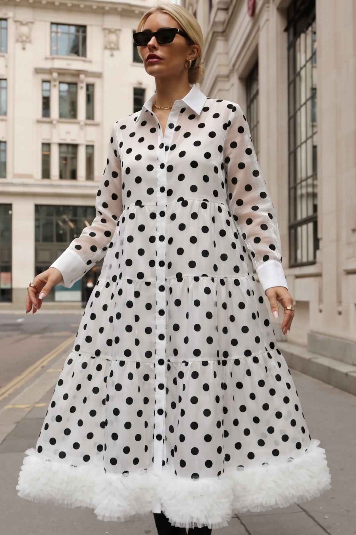 Polka Dot Sheer Tiered Button Down Maxi Shirt Dress