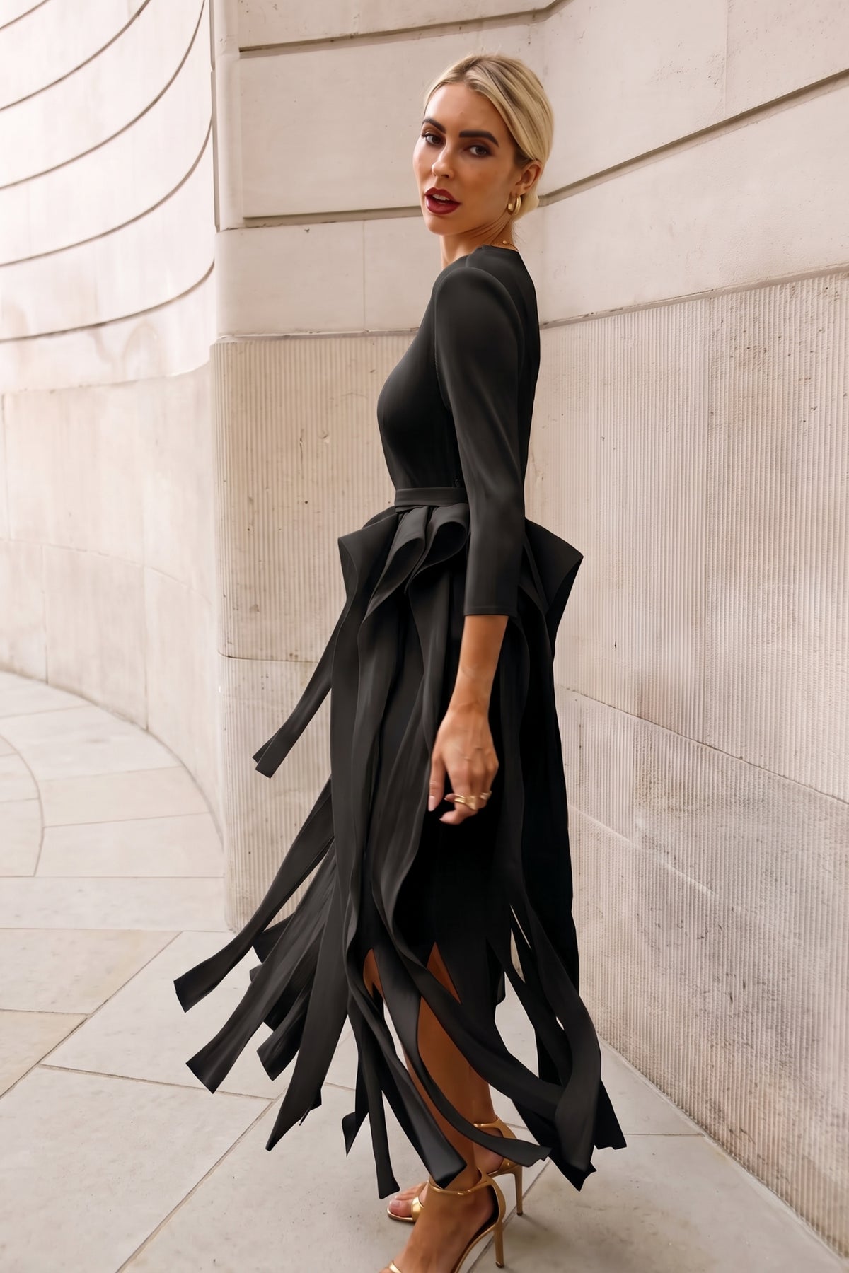 Statement Pleated Fringe Maxi Dress with Tie Waist in Black