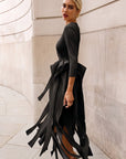 Statement Pleated Fringe Maxi Dress with Tie Waist in Black