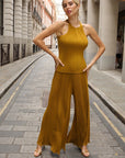 Pleated Cape Top, Vest & Wide Leg Trouser Set In Mustard
