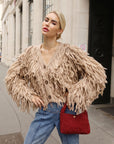 Statement Shaggy Fringe Hand-Knit Cardigan in Light Brown