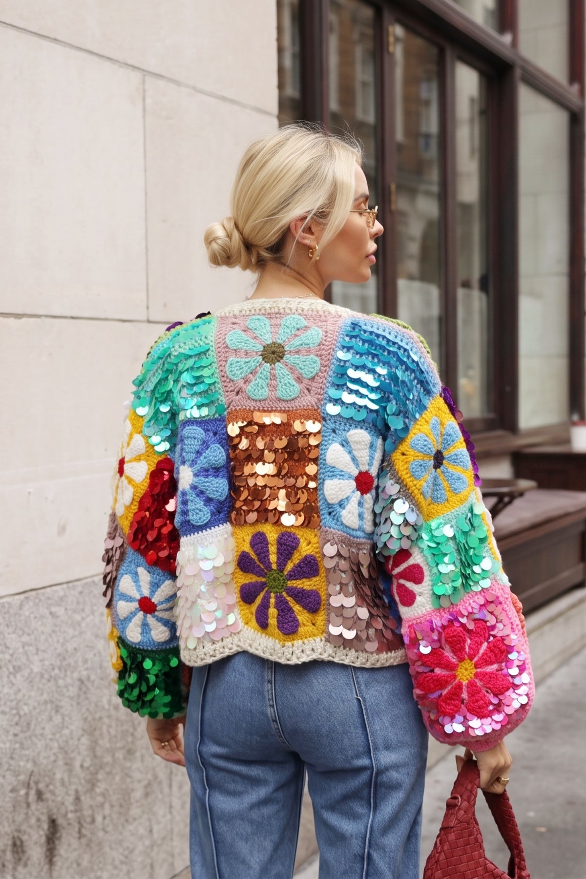 Hand Crochet Sequin Floral Granny Square Statement Cardigan