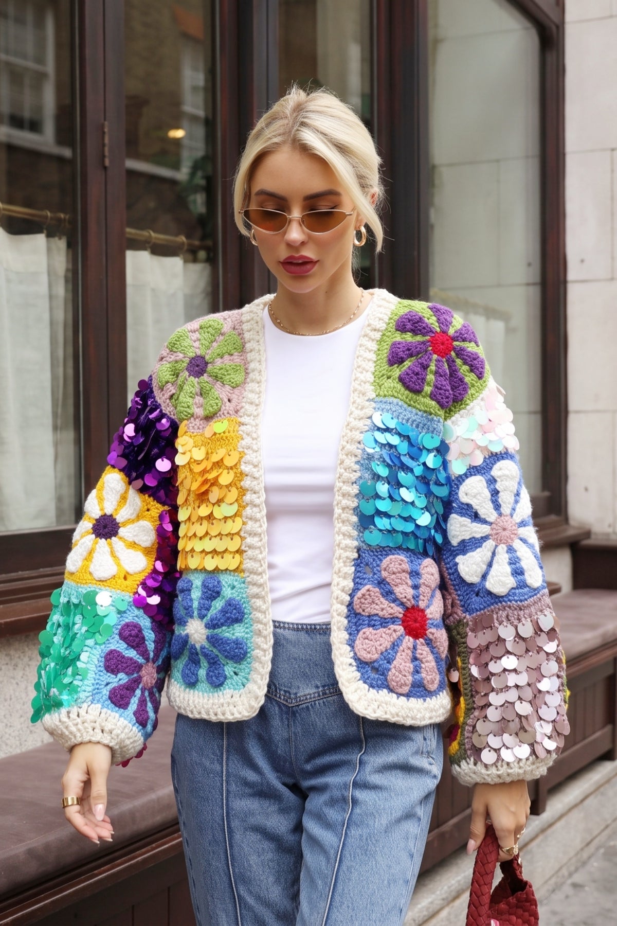 Hand Crochet Sequin Floral Granny Square Statement Cardigan