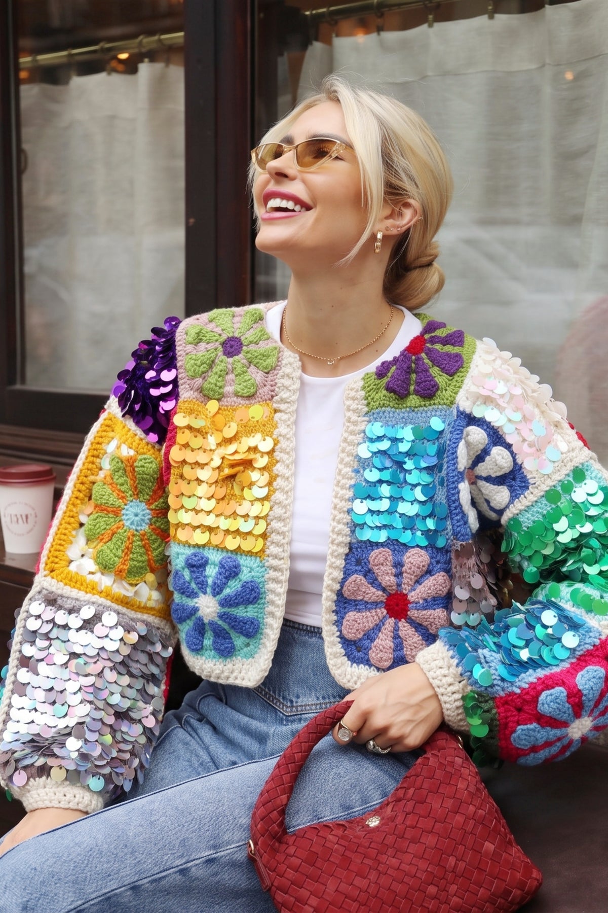 Hand Crochet Sequin Floral Granny Square Statement Cardigan