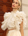 Statement Ruffle Lace Crop Top with Crystal Embellishment
