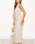 Pointelle knit vest top and maxi pleated skirt in beige