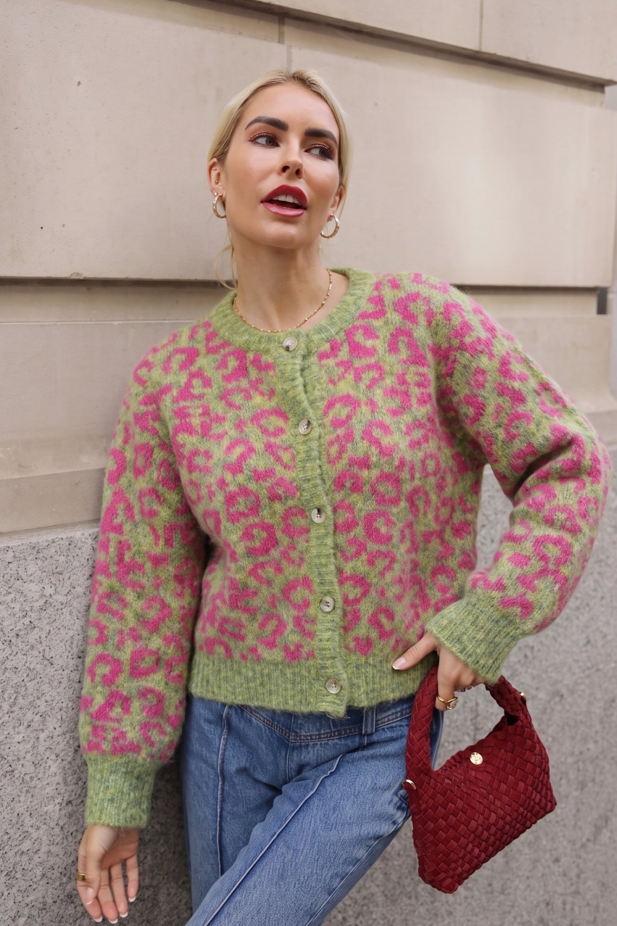 Leopard Print Fluffy Knit Cardigan in Green &amp; Pink
