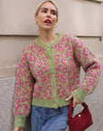 Leopard Print Fluffy Knit Cardigan in Green & Pink