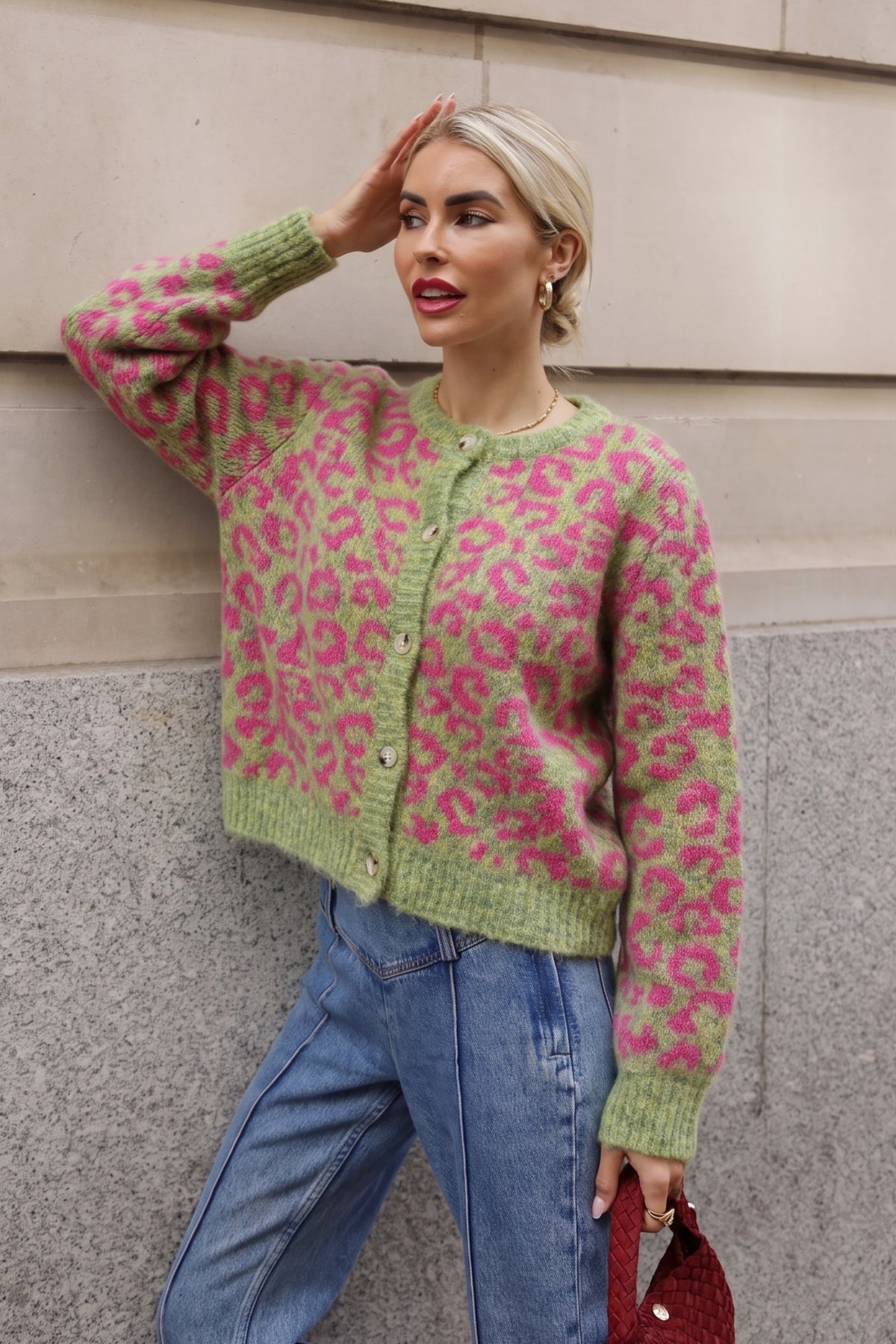 Leopard Print Fluffy Knit Cardigan in Green &amp; Pink