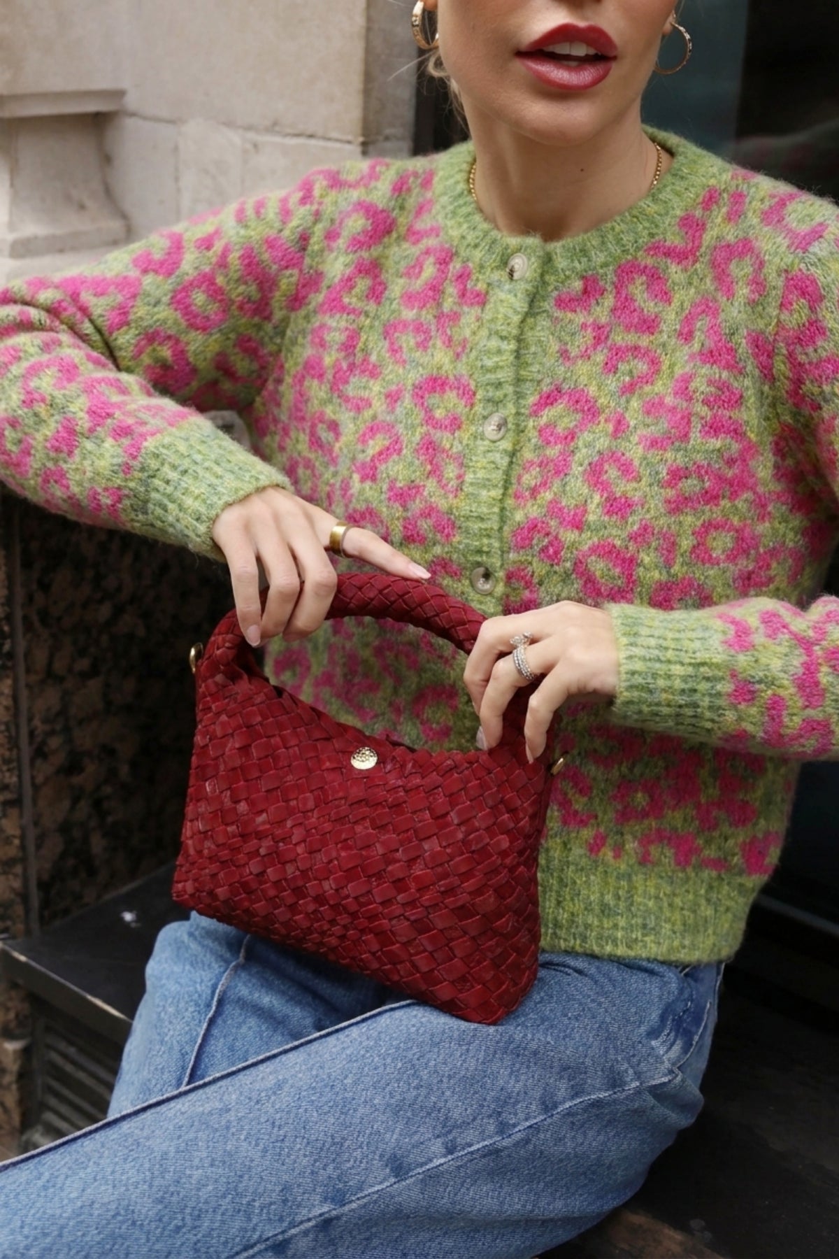 Leopard Print Fluffy Knit Cardigan in Green &amp; Pink