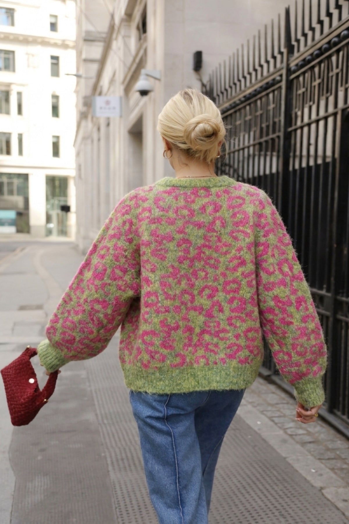 Leopard Print Fluffy Knit Cardigan in Green &amp; Pink