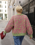 Leopard Print Fluffy Knit Cardigan in Green & Pink