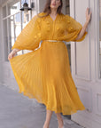 Floral Appliqué Pleated Organza Cape Midi Dress
