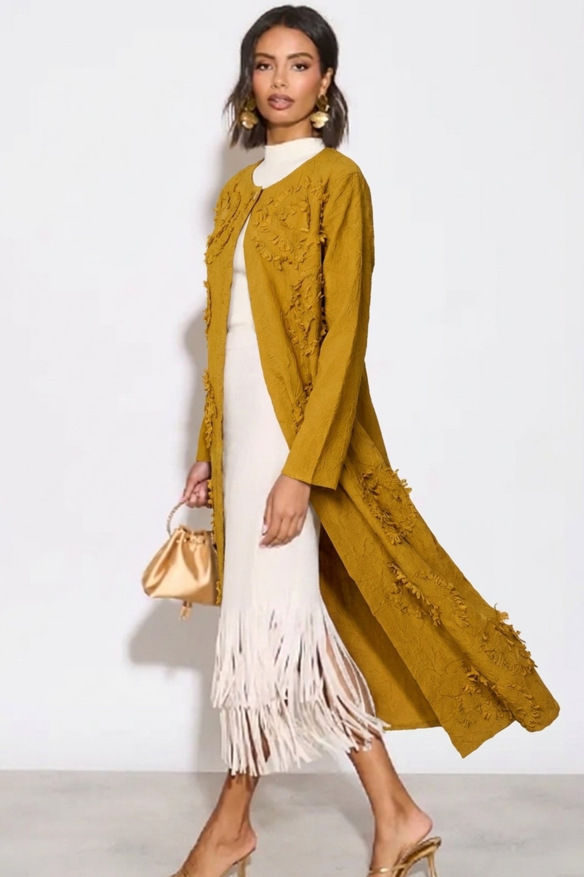 Statement Textured Floral Longline Cardigan in Mustard