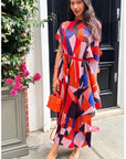 Aztec Print Pleated Dress in asymmetric sleeves design in red