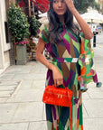 Aztec Print Pleated Dress in asymmetric sleeves design in Green