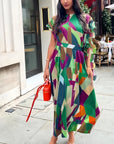 Aztec Print Pleated Dress in asymmetric sleeves design in Green