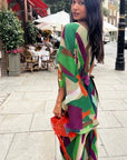 Aztec Print Pleated Dress in asymmetric sleeves design in Green