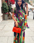 Aztec Print Pleated Dress in asymmetric sleeves design in Green
