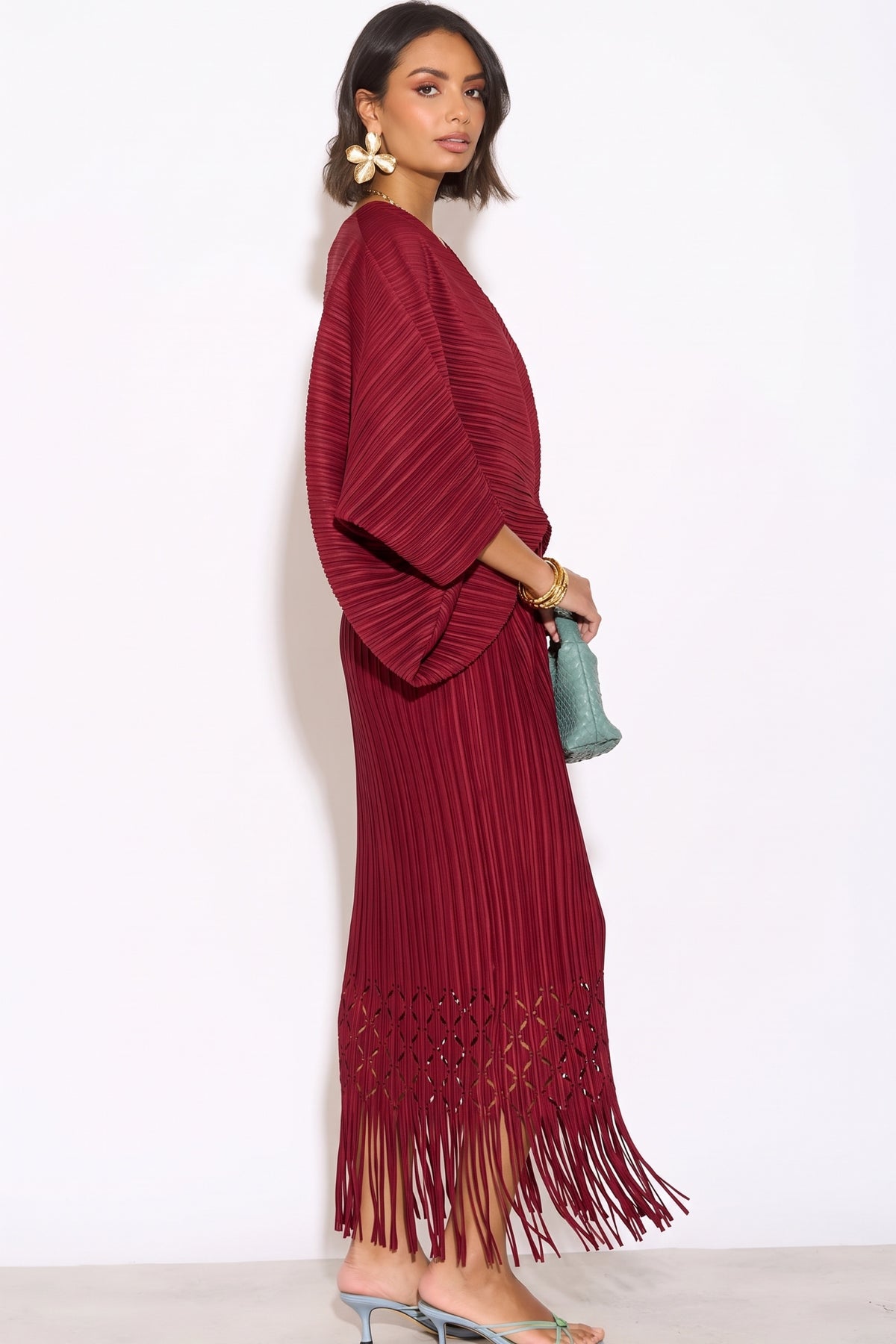 Floral Cutwork Pleated Kimono Sleeve Midi Dress