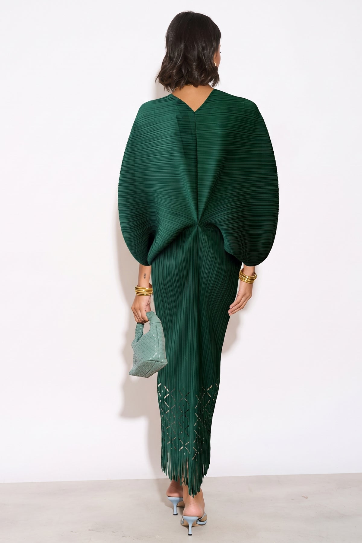 Floral Cutwork Pleated Kimono Sleeve Midi Dress